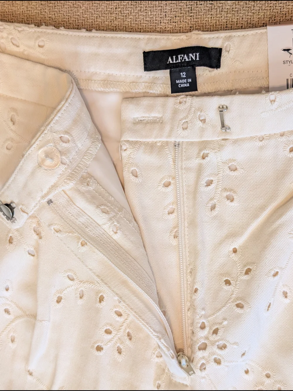 Alfani Cream Embroidered Eyelet Straight Leg Ankle Pants Cotton